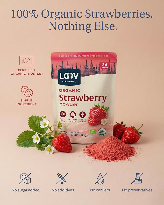 LOOV Organic Freeze Dried Strawberry Powder - 29-Day Supply 6 Oz Good for Smoothie Baking &amp Seasoning Freeze-Dried &amp Processed in Certified Facilities No Added Sugar