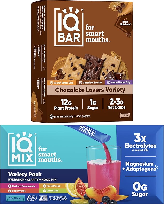IQBAR Brain and Body Keto Protein Bars - 12 Count Chocolate Lovers Variety Low Carb Vegan Bars &amp IQMIX Sugar Free Electrolyte Powder Packets - 20 Count Variety Pack Keto Electrolytes with Lions M