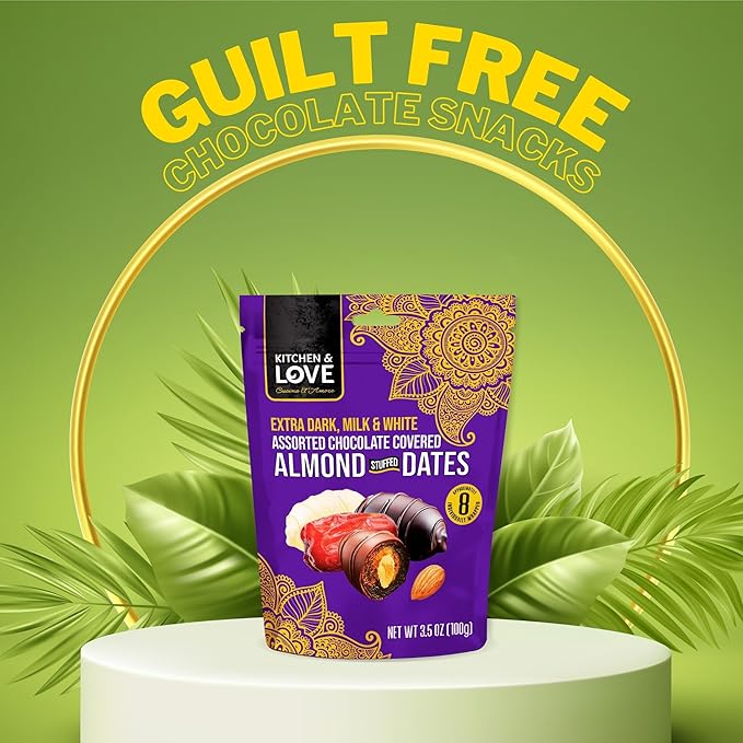 Kitchen &amp Love Assorted Chocolate Covered Almond Stuffed Dates in a Convenient Resealable Pouch 8 Individually Wrapped Pieces Healthy Snack 3.5 oz pouch (Pack of 4)