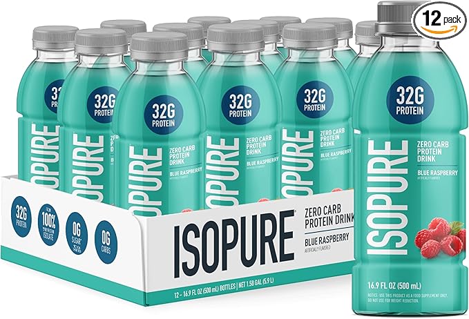 Isopure Zero Carb 32g Clear Protein Ready-to-Drink Whey Protein Isolate Blue Raspberry 12 Pack (Packaging May Vary)