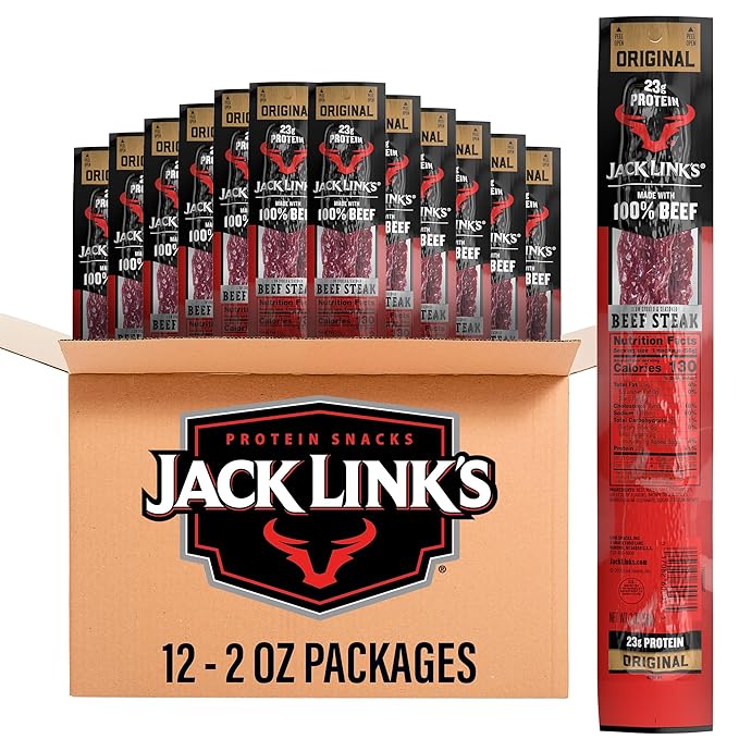 Jack Link's Beef Steak Original - Protein Snacks Beef Jerky Meat Snack with 23g of Protein Made with 100% Beef Individually Wrapped Bulk Snack Pack Keto Friendly - 2 Oz. (12 Count)