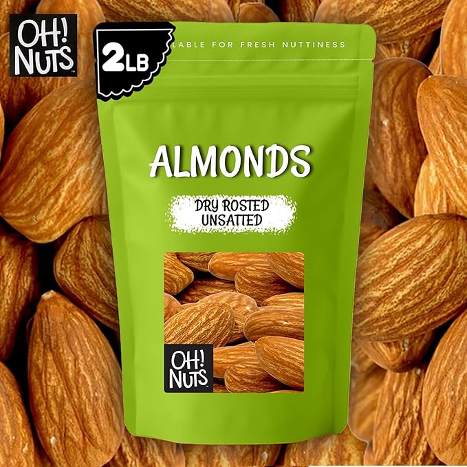Oh! Nuts Almonds - Dry Roasted Unsalted Almonds - 2 lb - No Salt No Oil All-Natural Protein - Packed in New York Zip-Seal Bag for Exceptional Freshness