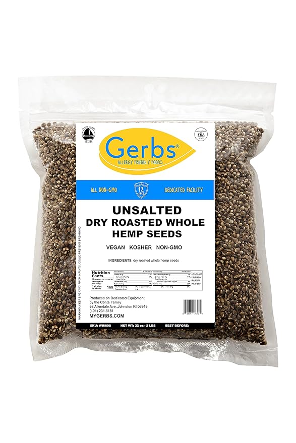 GERBS Roasted Unsalted Whole Hemp Seeds 2 LBS. Premium Grade | Resealable Bulk Bag |High in Magnesium Protein &amp Fiber| Gluten Peanut Tree Nut Free