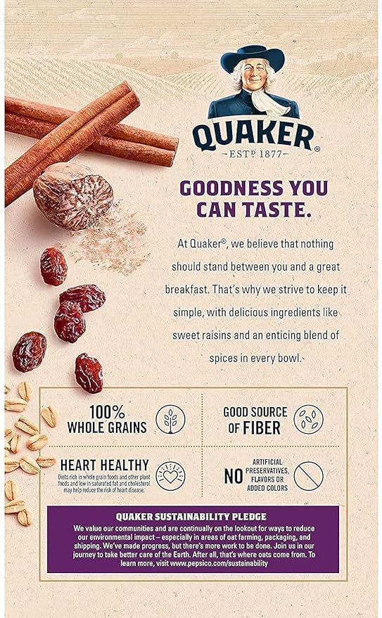Quaker Instant Oatmeal Raisin &amp Spice Breakfast Cereal 10 count  1.51 oz Packets Per Box (Pack of 4)