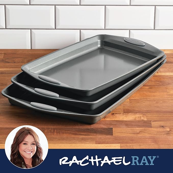 Rachael Ray Nonstick Bakeware Set with Grips Nonstick Cookie Sheets / Baking Sheets - 3 Piece Gray with Sea Salt Gray Grips