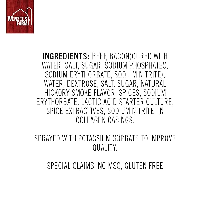 Wenzel’s Farm Bacon and Beef Snack Sticks │Snack Sticks │ Flavorful Naturally Smoked │ High Protein Low Carb │ No MSG Fillers Binders Artificial Colors │ Gluten Free | 32 sticks (16 packs of 2)