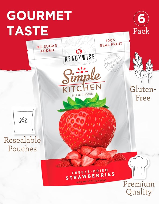 READYWISE - Simple Kitchen Freeze-Dried Strawberries 24 Servings 6 Pack Vegetarian Gluten Free Snacks Strawberries Dried Fruit Pre Workout Healthy Snacks Camping Backpacking Survival Food