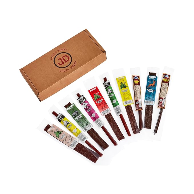 Jerky Dynasty Bayou Mix - Exotic Beef Jerky Snack Packs with Venison Wild Boar &amp Alligator - Unique Flavors from Around the World in Slim Stick Style Jerky Variety Pack - (10 Pack)
