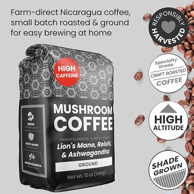 Moontower High-Caffeine Mushroom Coffee - Organic Lions Mane Reishi and Ashwagandha Adaptogen Mushroom Blend Nicaragua Arabica Beans - Boosted Energy Mental Clarity &amp Relaxation (12 oz)