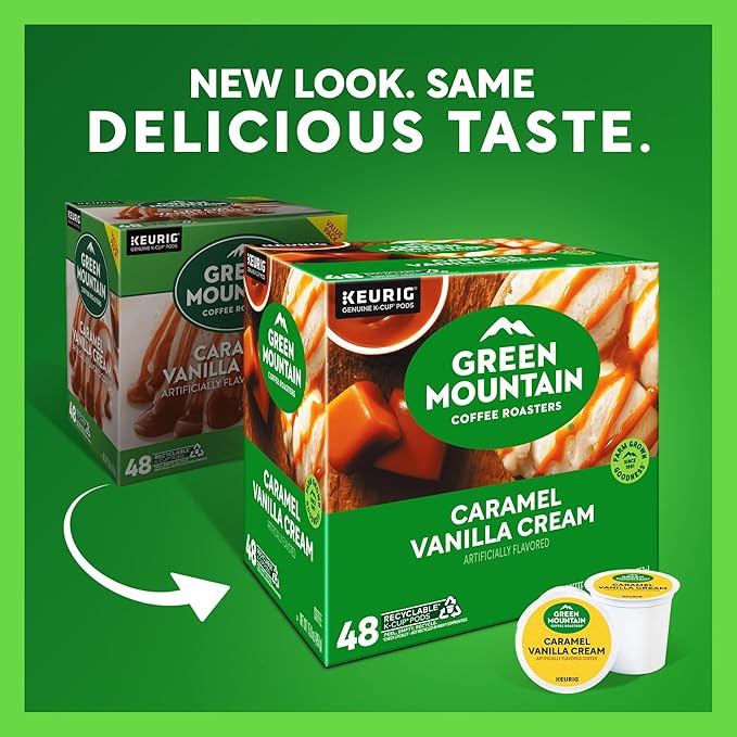 Green Mountain Coffee Roasters Caramel Vanilla Cream Single-Serve Keurig K-Cup Pods Flavored Light Roast Coffee Pods 48 Count