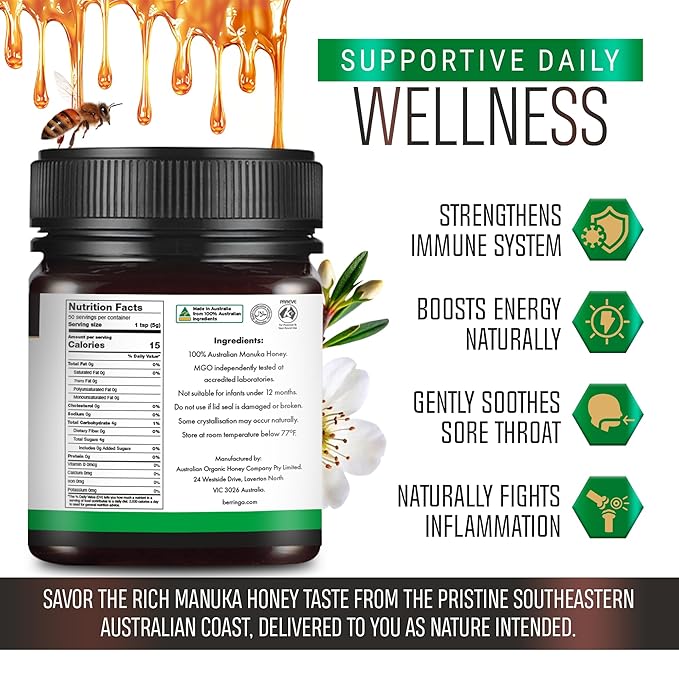 Berringa Manuka Honey Organic MGO 120+ Mild Strength Supports General Wellbeing &amp Digestive Balance - 100% Raw Pure &amp Unfiltered Sustainably Sourced from Australia - (8.82 oz)