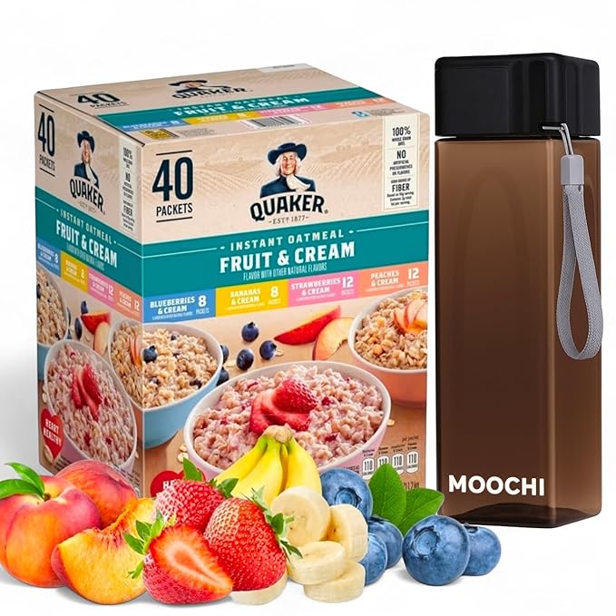 Instant Oatmeal Fruit &amp Cream Variety Pack – 40 Individual Servings (1.05 oz Each) + Get Free MOOCHI Reusable Water Bottle | Premium Custom Bundled Breakfast Set