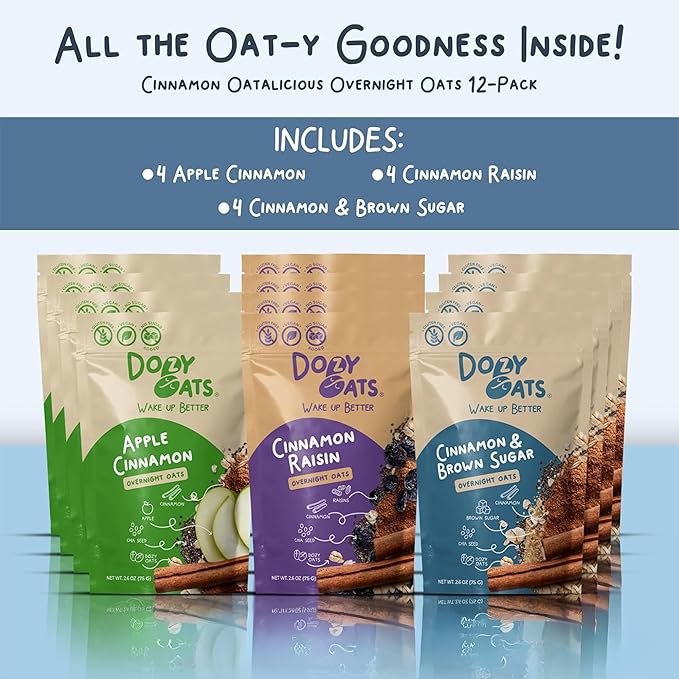 Dozy Oats Overnight Oatmeal Packets Cinnamon Oatalicious Variety Box with Rolled Oats Chia Seeds Date Powder and Dried Fruit. Gluten-Free Natural Source of Protein and Fiber 12-Pack