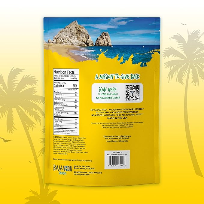 Baja Beef Jerky - 100% All Natural Beef Jerky Keto Jerky Gluten Free Low Calorie Craft Jerky 10g Protein per Serving No Nitrates or Added Hormones - Salsa Fresca 2.5 oz Bag (Pack of 4)