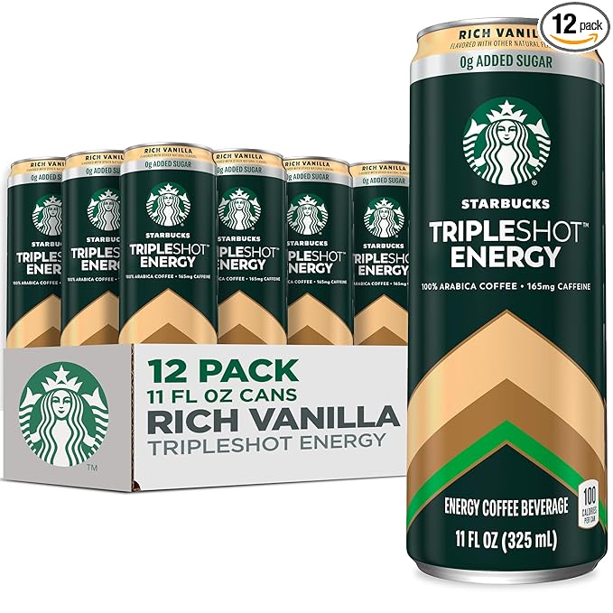 Starbucks Tripleshot Coffee Energy Drink Vanilla Triple Blend 165mg Caffeine B Vitamins Protein Iced Coffee 11 fl oz Cans (12 Pack)