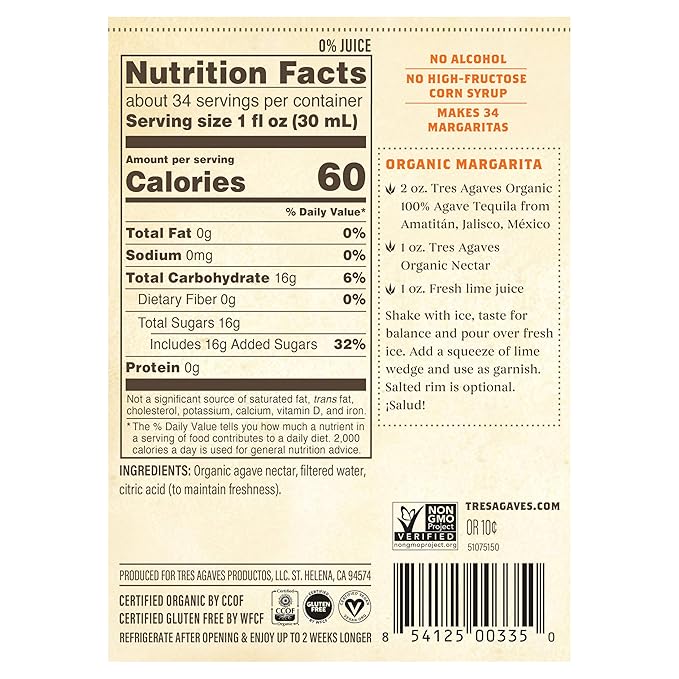 Tres Agaves Organic Agave Nectar – Cocktail-Ready Sweetener from Blue Agave – Only 60 Calories per Serving – Vegan Non-GMO Gluten-Free – 750mL Bottle (Nectar 2 Pack)
