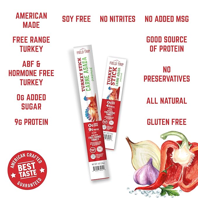 Field Trip Free Range Carne Asada Turkey Jerky Snack Sticks Zero Sugar Keto Paleo Gluten Free Allergy Friendly Snack High Protein 50 Calorie Snack 0.5oz 24 Pack