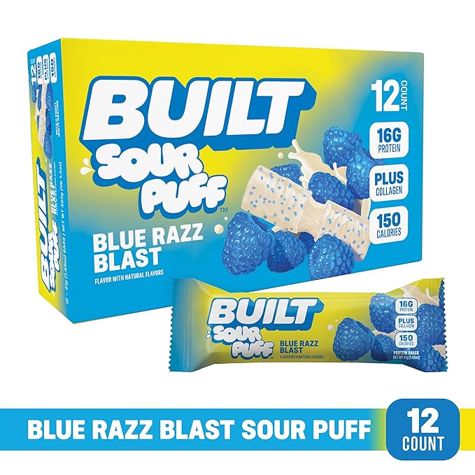 BUILT Bar Sour Puff Protein Bars - Blue Razz Blast - 16g Protein Snack Bars with Collagen - Calorie Conscious &amp Gluten Free - 12 Count