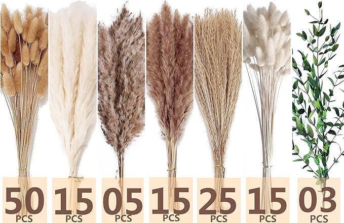 123 PCS Dried Flower Bouquet – Pampas Grass Floral Decor for Home Wedding and Boho Style | Perfect for Vases Fall Spring Summer and Winter Arrangements