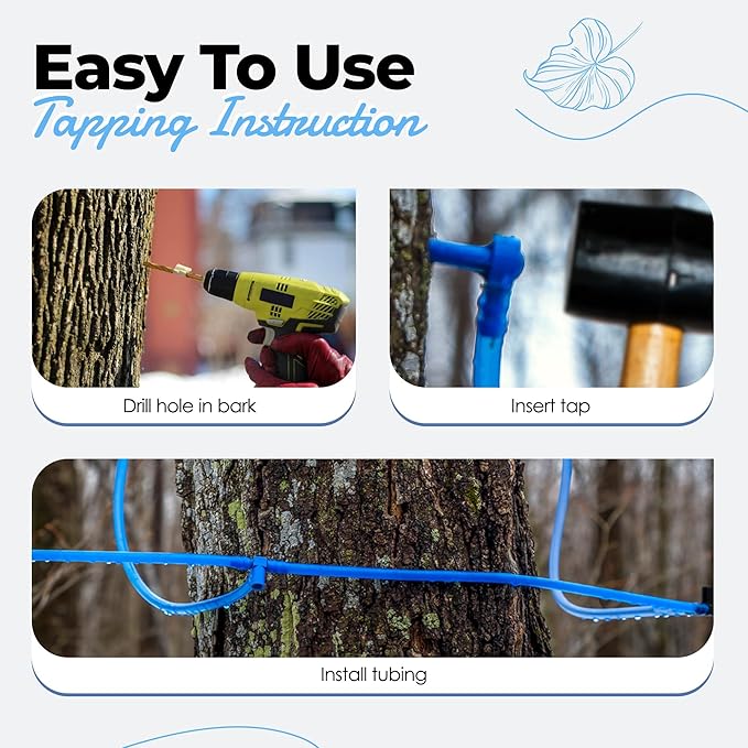 5/16” x 50’ Maple Syrup Tree Tapping Tubing | Food Grade Hose with 5 Bags Caps No Hole 5 Caps with Hole 5 Spiles and Drill Bit | Rated for use for 15 Years Made in Canada Transparent Blue