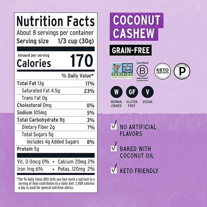 Purely Elizabeth Coconut Cashew Keto Granola Grain-Free Non-GMO Paleo (8oz Bag) (Pack of 3)