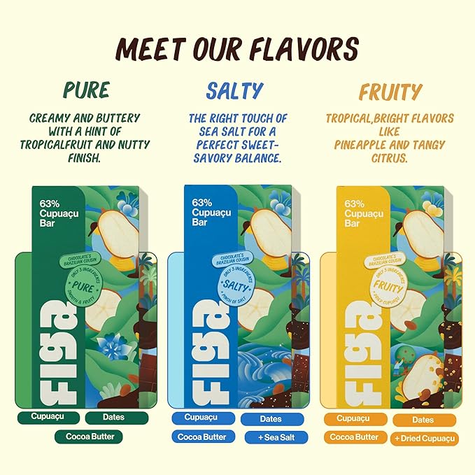 Figa Foods 63% Cupuaçu Bars - Naturally Caffeine-Free Date Sweetened Vegan Gluten Free Only 3 Ingredients Variety Pack - Pure Salty + Fruity