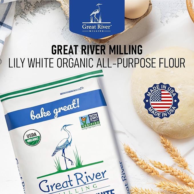 Great River Milling Lily White Organic All-Purpose Flour | Unbleached &amp Unbromated | Non-GMO Kosher | Ideal for Bread Cookies Cakes Pizza Dough &amp Everyday Baking | 25 Lb