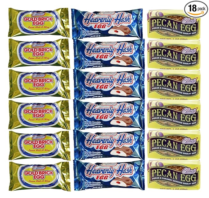 Elmer Chocolate Egg Variety Pack of 18-6 of Each - Gold Brick Heavenly Hash and Pecan Eggs - Classic Easter Treats For the Whole Family