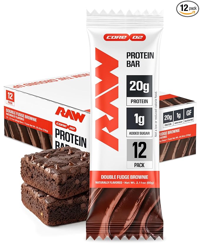 RAW Nutrition Protein Bars Double Fudge Brownie 20g Whey Protein Low Sugar Better-for-You Candy Bars Gluten Free Chocolate Protein Snack for Muscle Recovery &amp Gym Fuel 12 Count