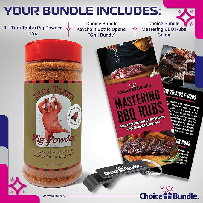 Trim Tabb’s Pig Powder Premium BBQ Barbecue Rub &amp Seasoning (12 oz) + Guide &amp Bottle Opener (3 Items)!