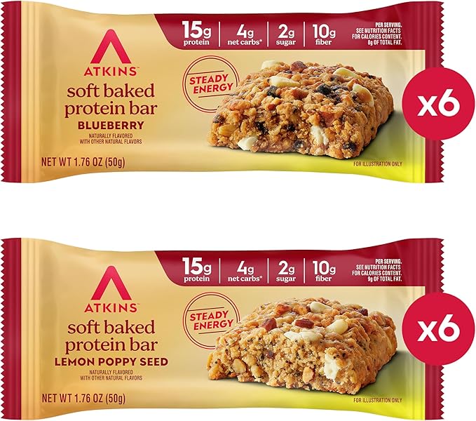 Atkins Soft Baked High Protein Bars Lemon Poppyseed &amp Blueberry Flavors 15g Protein 4g Net Carbs 2g Sugar Keto Snacks Low Sugar Protein Bars High Fiber Snacks 12 pk (6 bars each flavor)
