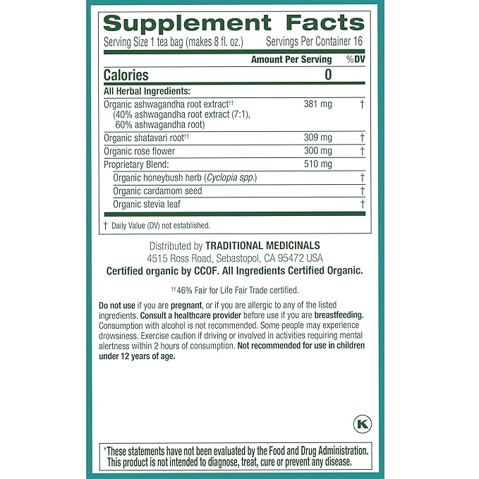 Traditional Medicinals Organic Stress Ease Calm with Adaptogens Ashwagandha &amp Honeybush - Promotes Relaxation - Kosher Non-GMO Caffeine-Free Compostable - 96 Tea Bags (6 Packs of 16)