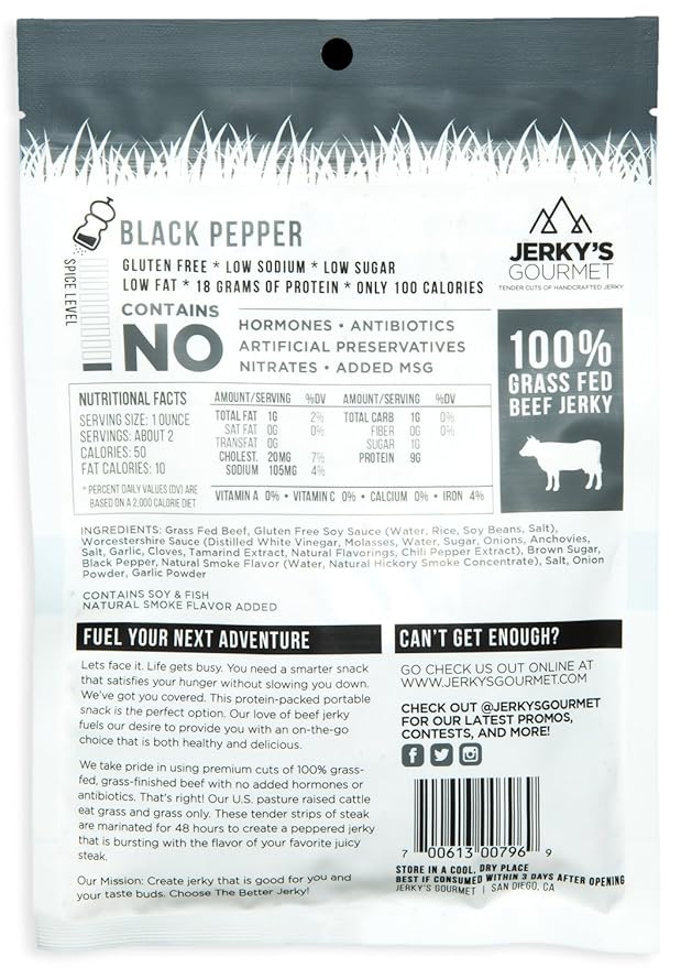 Black Pepper Grass Fed Beef Jerky - 100 Calorie Snacks Gourmet Healthy Low Carb High Protein - Keto Friendly &amp Gluten Free (3 Packs)