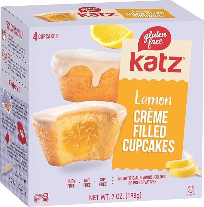 Katz Gluten Free 8pk. 2 Flavors Crème Cakes 2 Flavors Crème Cupcakes 4 Flavors Donuts. Free of Gluten Dairy Tree Nuts Peanuts Sesame and Soy. Kosher.