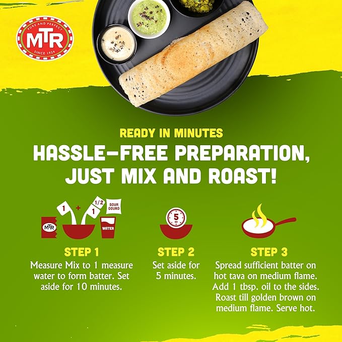 MTR Instant Dosa Mix - Ready to Cook Authentic Indian Breakfast Lunch Dinner or Snack Meal - No Added Preservatives - A Quick &amp Easy Recipe Suitable for Vegetarians - (500g Pack of 3)