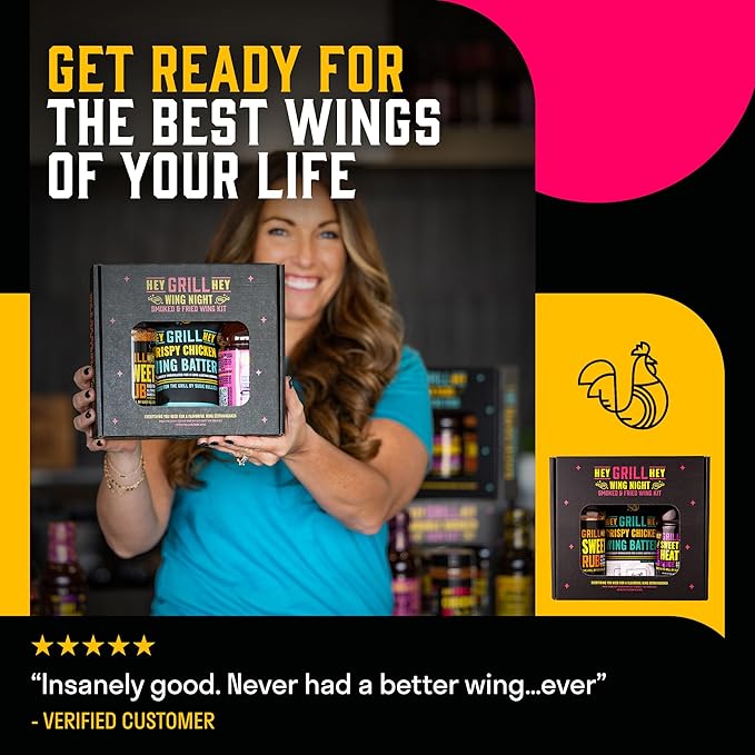 Hey Grill Hey | Chicken Wing Seasoning &amp Sauce Kit | All-in-one Crispy Batter BBQ Rub and Sweet Heat BBQ Sauce | Wing Night: Smoked &amp Fried Wing Kit