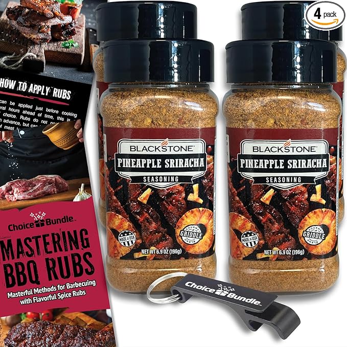 Blackstone Pineapple Sriracha Seasoning – Gourmet Griddle Premium Barbecue Rub 4 Pk (27.6 oz) + BBQ Masters &amp Opener (6 Items)!