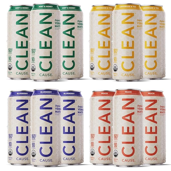 NEW! CLEAN Cause Variety Pack Organic Yerba Mate Tea (15.5oz cans 12-Pack Case 4 flavors) Non-Carbonated 160mg Caffeine