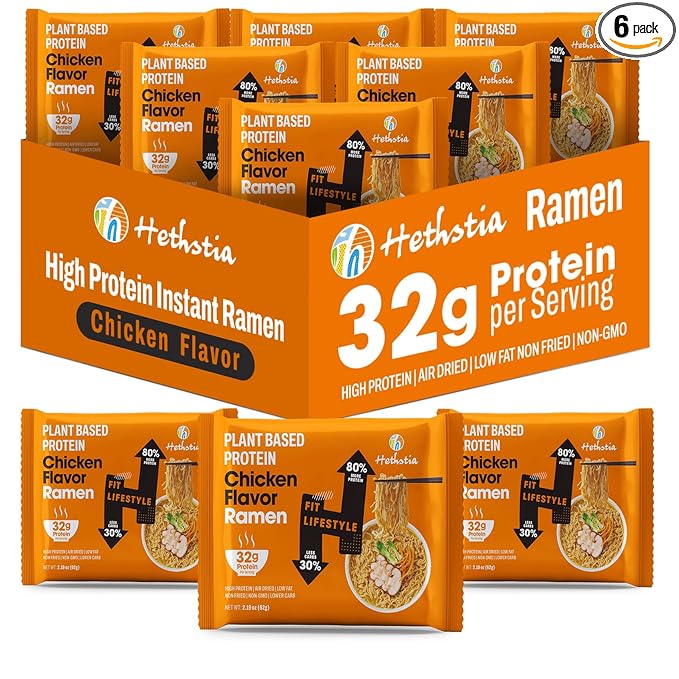 Hethstia High Protein Ramen Soup Chicken Flavor 6-Pack Instant Ramen Noodles Chicken Broth 32g Plant-Based Protein Vegan Non-GMO Low Fat Egg-Free Dairy-Free Pre-Packaged Quick Meal