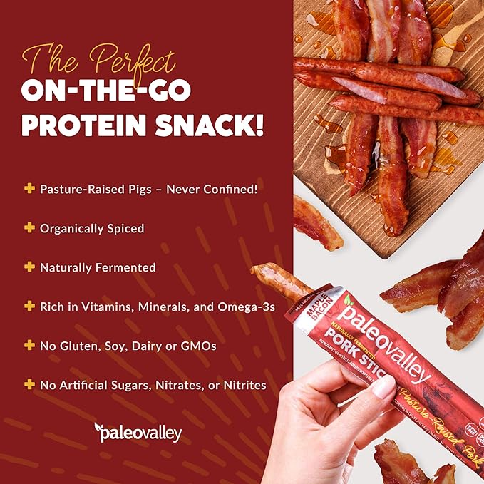 Paleovalley Pasture-Raised Pork Sticks - Maple Bacon Flavor Meat Sticks Individually Wrapped 28g - 10 Sticks - Gluten-Free Protein Snack