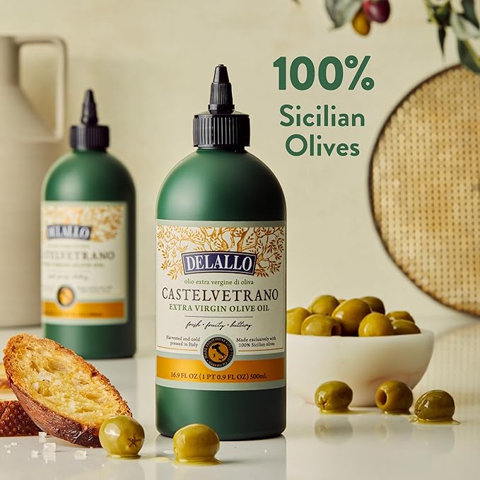 DeLallo Castelvetrano Extra Virgin Olive Oil 16.9 Ounce Squeeze Bottle (3 Pack) Made in Italy Made with 100% Sicilian Olives For Cooking and Drizzling All Natural Non-GMO