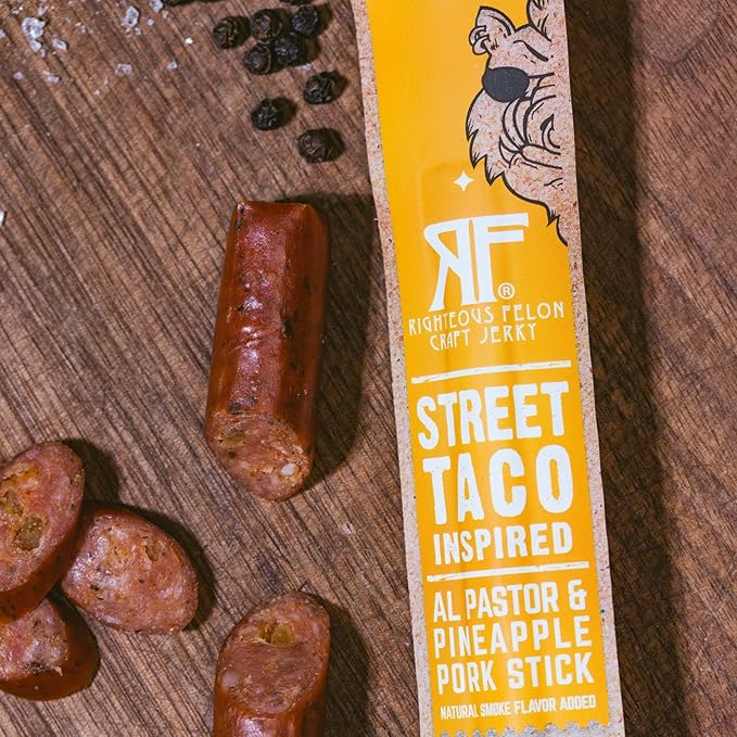 Righteous Felon Meat Sticks | 100% Pasture Raised Pork | 8g Protein per Stick | Keto Gluten-Free Low Sugar High Protein Snack Sticks | Individually Wrapped | Street Taco Pork Sticks 10 Count