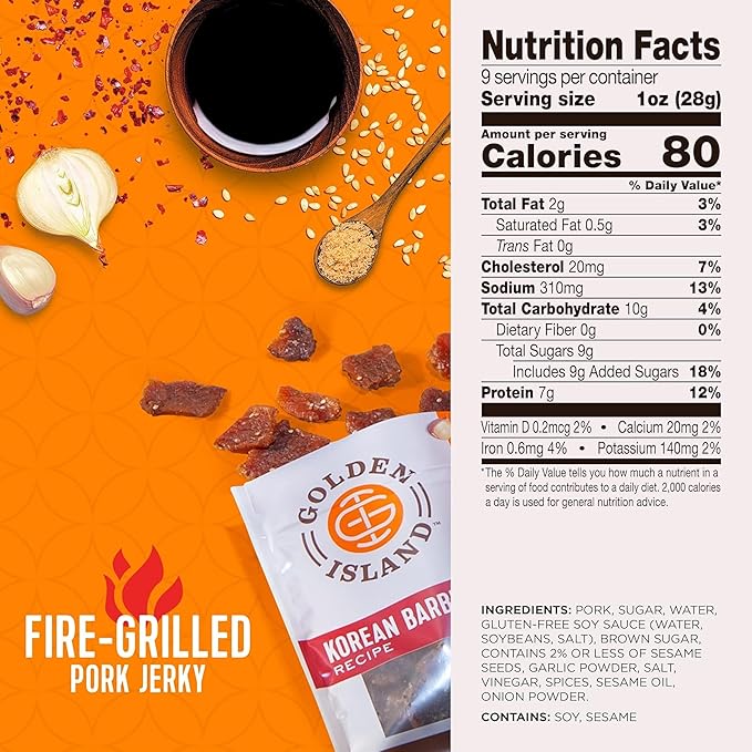 Golden Island Pork Jerky Korean BBQ Flavored Specialty Meat Snack Gluten Free with Korean Barbecue Seasoning Bite Sized Sweet and Savory Protein Snack 7g of Protein Per Serving 9 Oz (2 Pack)