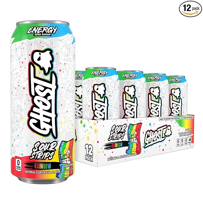 GHOST Energy Drink - 12-Pack Sour Strips Rainbow 16oz Cans - Energy &amp Focus &amp No Artificial Colors - 200mg of Natural Caffeine L-Carnitine &amp Taurine - Gluten-Free &amp Vegan