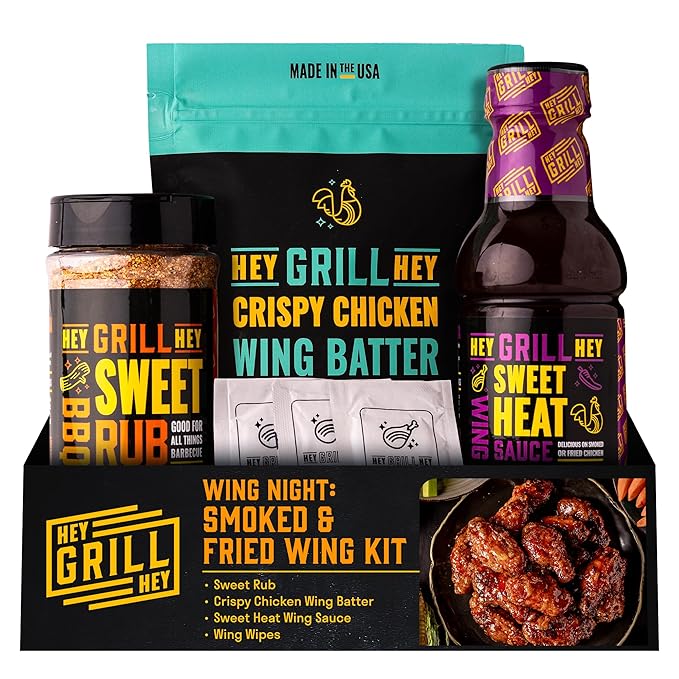Hey Grill Hey | Chicken Wing Seasoning &amp Sauce Kit | All-in-one Crispy Batter BBQ Rub and Sweet Heat BBQ Sauce | Wing Night: Smoked &amp Fried Wing Kit