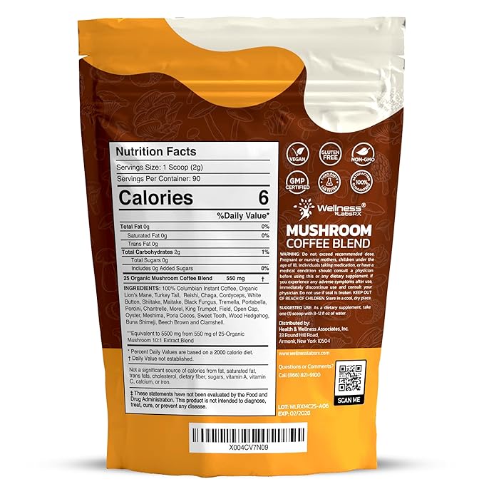 Mushroom Coffee Organic Instant Coffee 25-in-1 Third-Party Tested Keto Friendly Lions Mane Supplement with Functional Mushrooms – Shiitake Reishi Lion’s Mane &amp More | Smooth Rich Flavor - 90