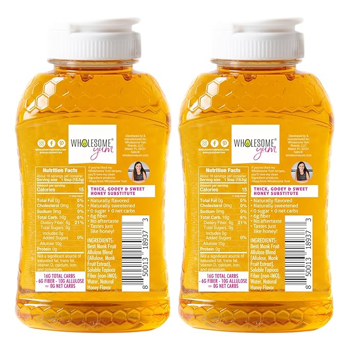 Wholesome Yum Zero Sugar Honey Substitute (2 Pack) - Natural Sugar Free Honey Alternative With Monk Fruit &amp Allulose - Zero Net Carbs Non GMO Gluten Free Keto No Aftertaste (11 oz)