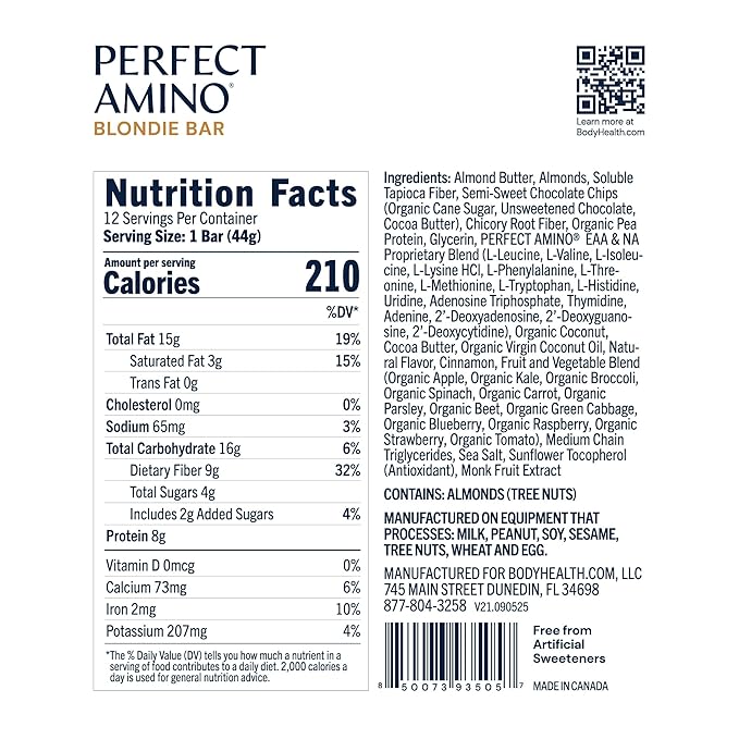 BodyHealth PerfectAmino Bar – Protein Energy Snack with 10g Protein Plant-Based MCTs Superfood Blend Non-GMO Gluten Dairy &amp Soy Free (Blondie 12 Pack)