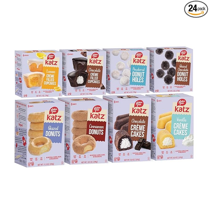 Katz Gluten Free 8 Pack 2 Crème Cakes 2 Crème Cupcakes 2 Donuts 2 Donut Holes. Free of Dairy Tree Nuts Peanuts Sesame and Soy.
