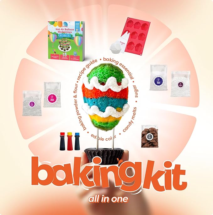 Hot Air Balloon Madeleines Kids Baking Kit STEM Learning Activity Pre-Measured Ingredients Silicone Madeleine Mold Colorful Batter &amp Icing Decorating Set Educational Recipe Book for Fun Family Bak